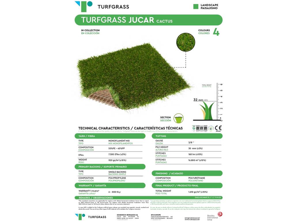 Relva Artificial Jucar Cactus de 32 mm Turfgrass JUCAR200