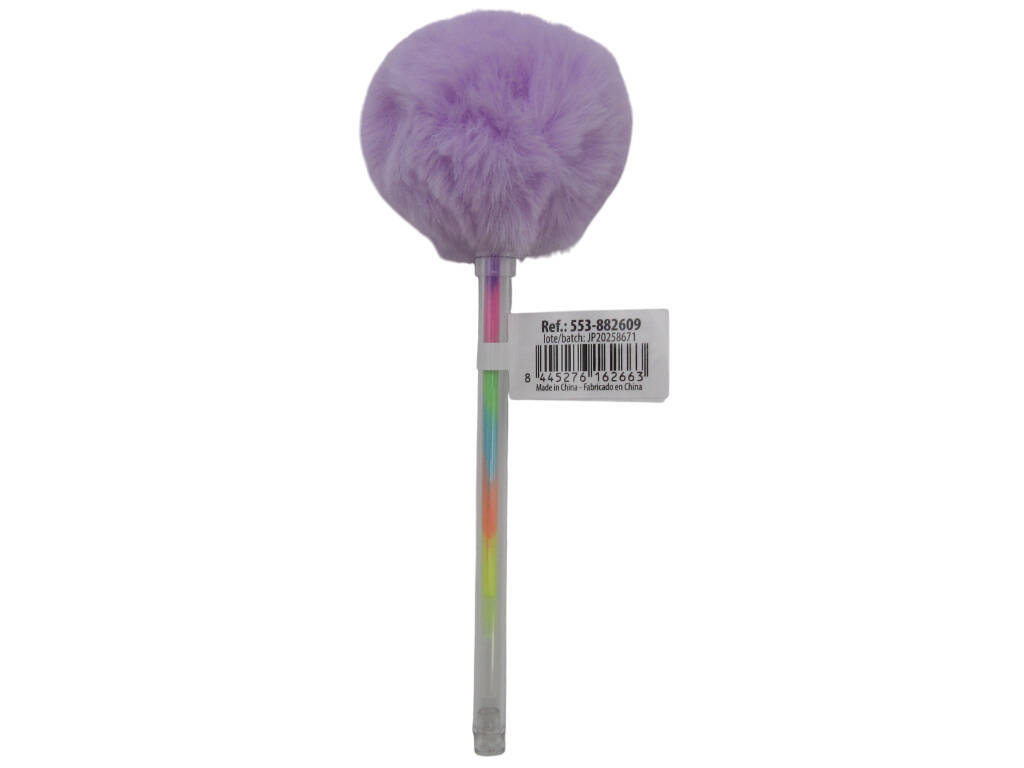 Stylo à bille multicolore avec pompon et couronne 17,5 cm