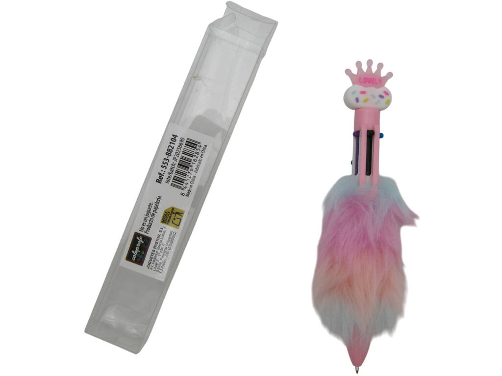 Stylo à bille 6 couleurs avec couronne et fourrure 16,5cm