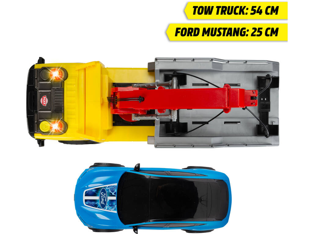 Camion grue Volvo de 55 cm avec lumières et sons et voiture Form Mustang de 25 cm