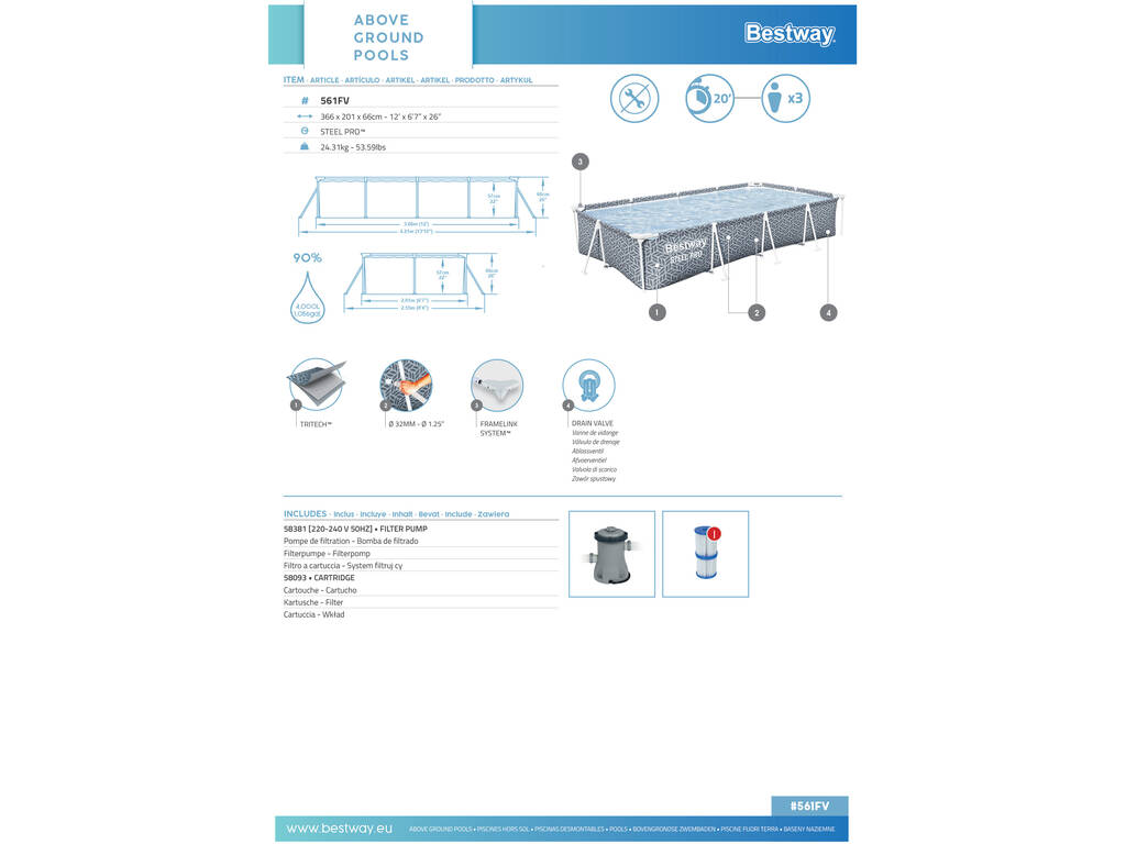 Piscine démontable rectangulaire Steel Pro 366 x 201 x 66 cm Bestway 56111