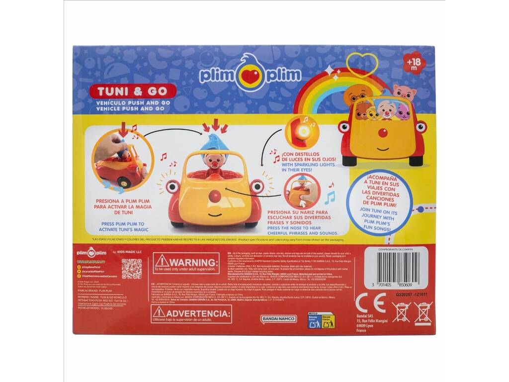 Plim Plim Vehículo Interactivo Tuni Push and Go de 20 cm con Figura